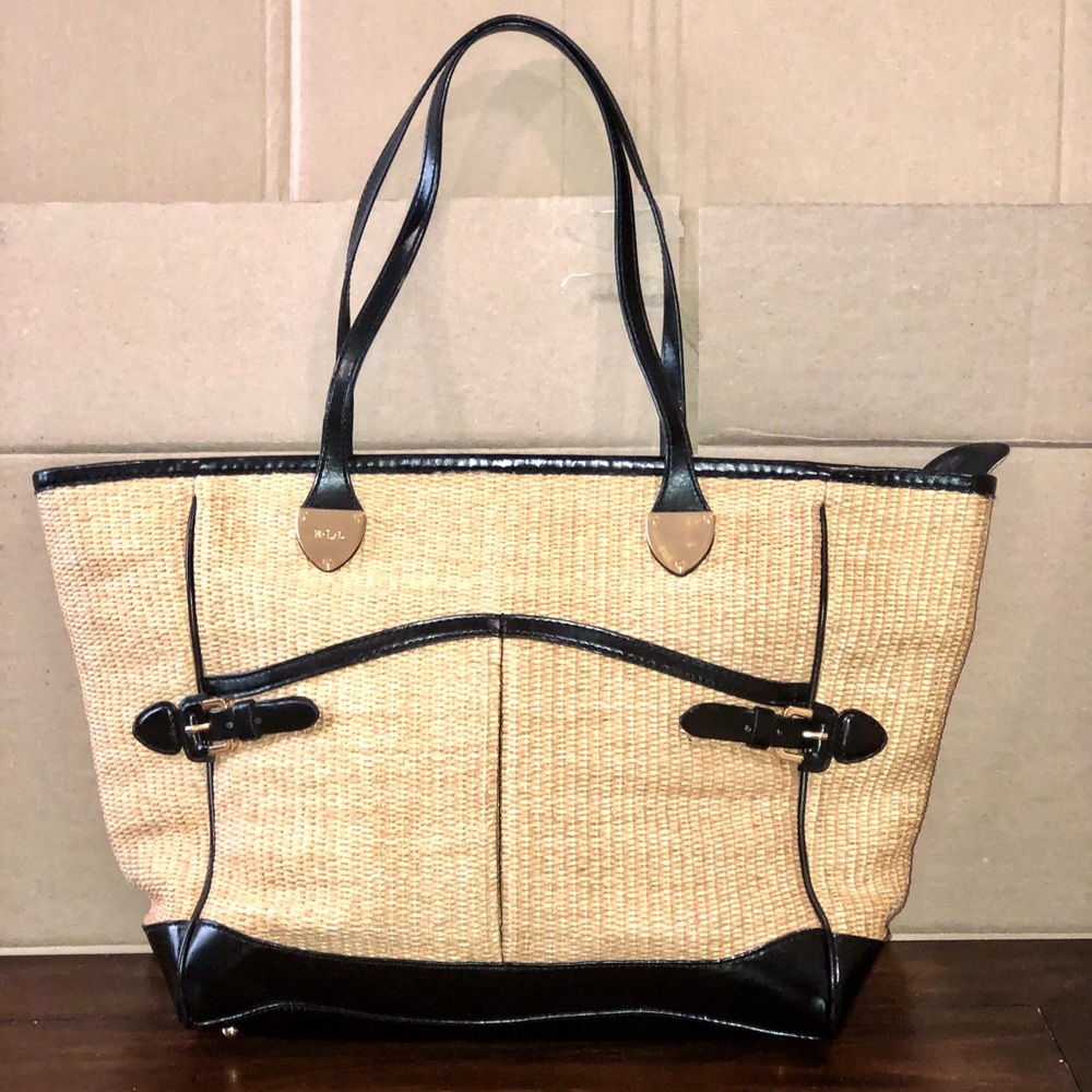 RALPH LAUREN Top Zipper Closure Black Handle Wicker Shoulder Bag with Storage